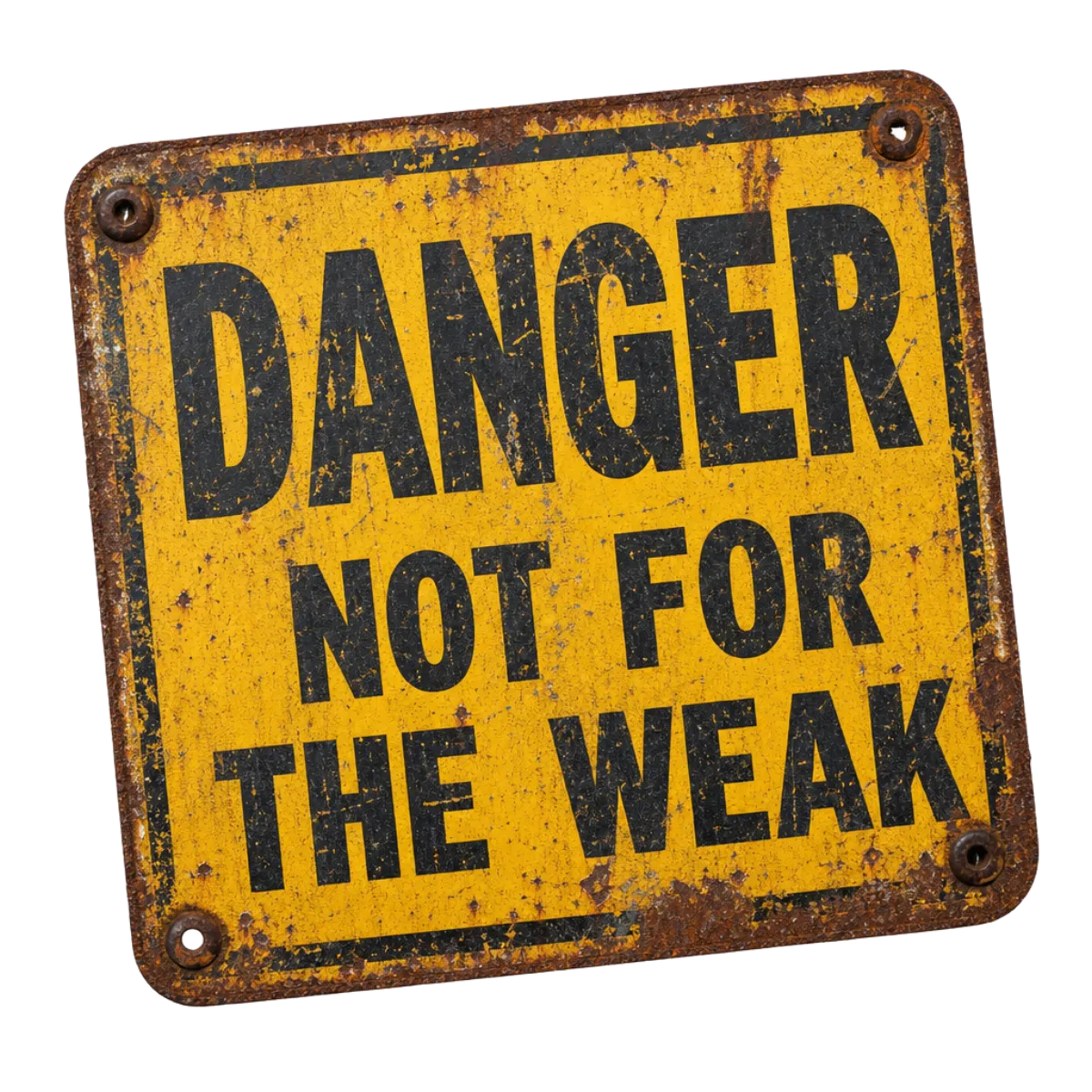 Rusted yellow warning sign reading: Danger, not for the weak